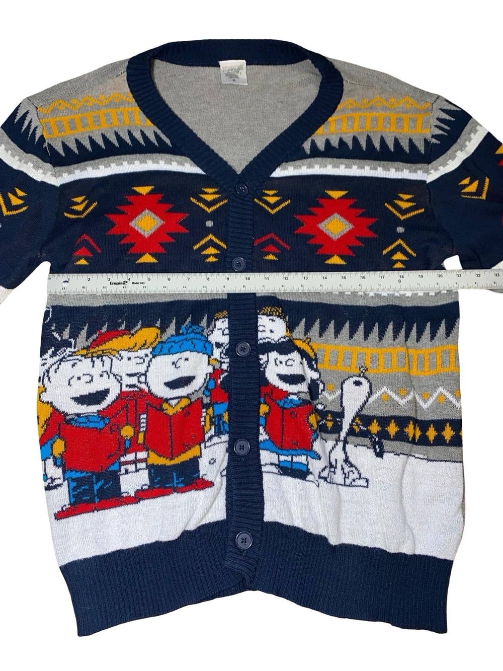 Peanuts Mens XL Charlie Brown Christmas Carolers Fair Isle Knit Cardigan Sweater - Picture 5 of 8